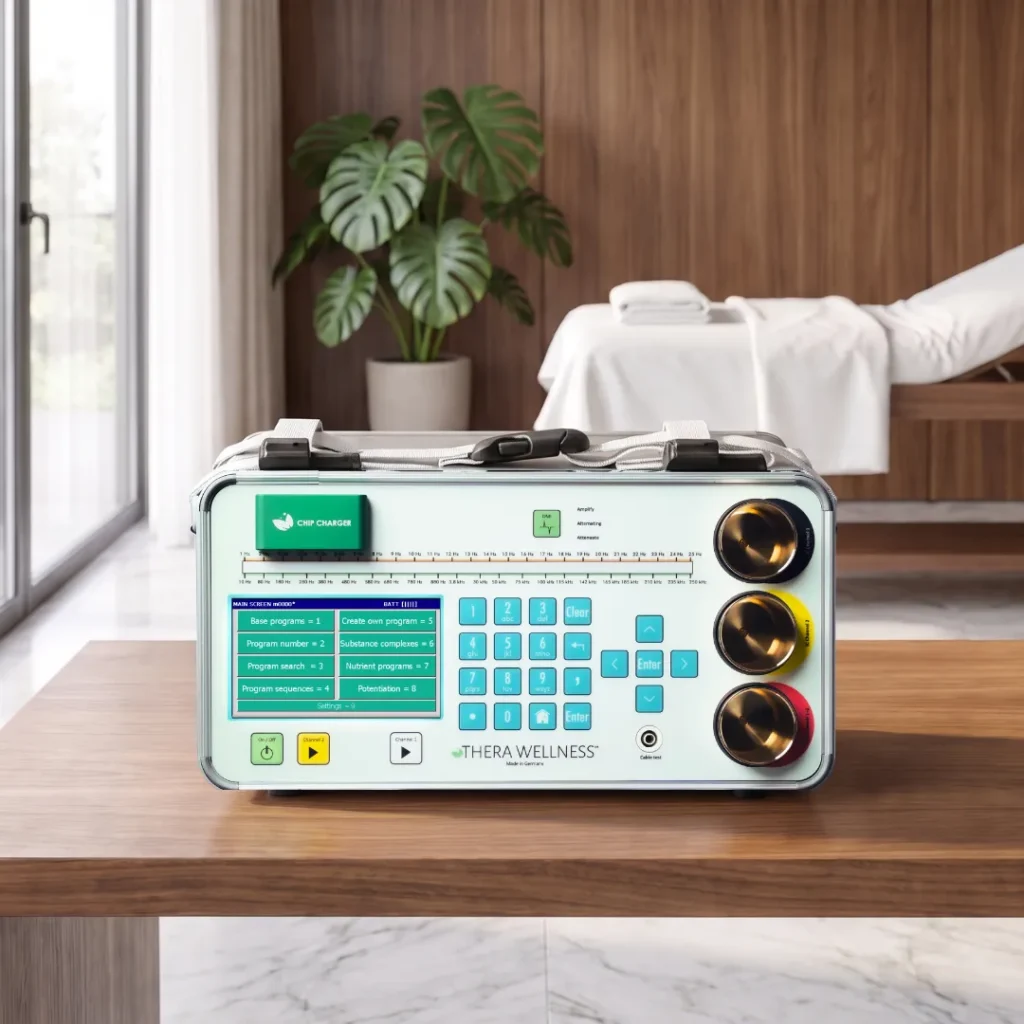 THERA Wellness device on a wooden table in a calm treatment studio with a plant and treatment table behind