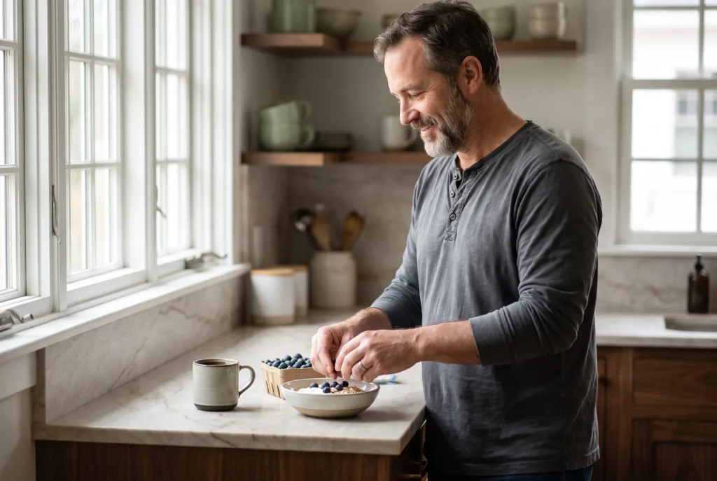 Man preparing a breakfast bowl with yogurt, oats and fresh blueberries at a kitchen counter
