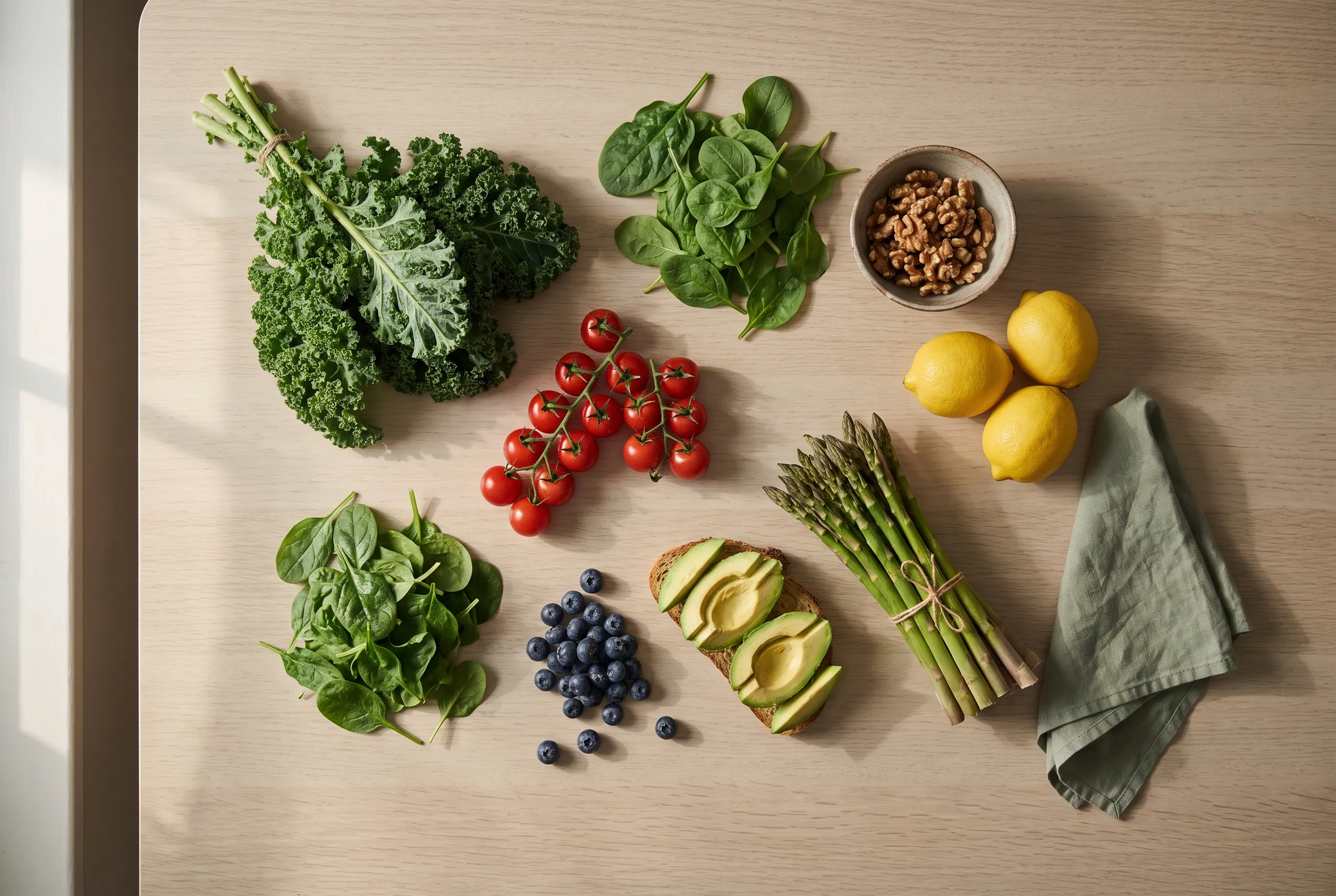 Overhead view of fresh kale, spinach, tomatoes, blueberries, avocado, asparagus and lemons